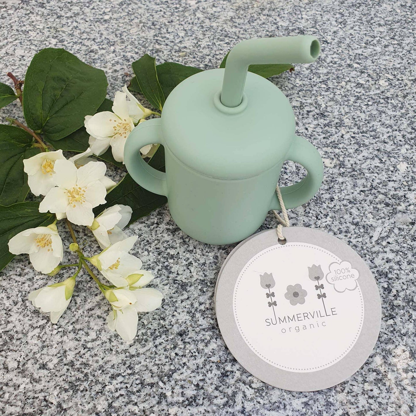 Gobelet en Silicone avec Paille et Poignées - Vert Caméo | Summerville Organic