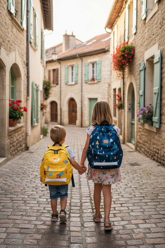 ENFANT DE 4 ET 7 ANS DE DOS AVEC LEUR SAC SCOLAIRE DANS UNE RUE DE VILLAGE FRANCAIS