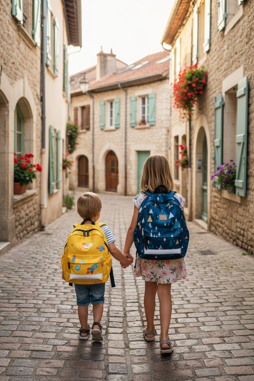 ENFANT DE 4 ET 7 ANS DE DOS AVEC LEUR SAC SCOLAIRE DANS UNE RUE DE VILLAGE FRANCAIS