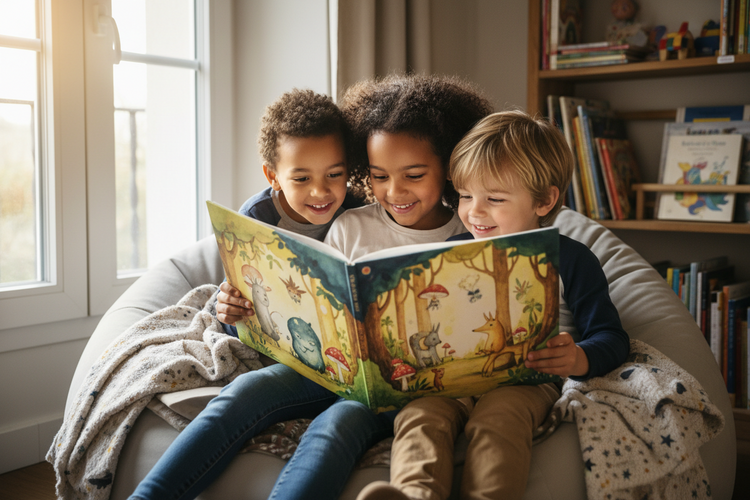trois enfants avec livre éthique encre naturelle