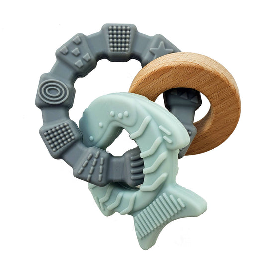 Jouet de Dentition Poisson en Silicone et Bois - Bleu Glace - Summerville Organic