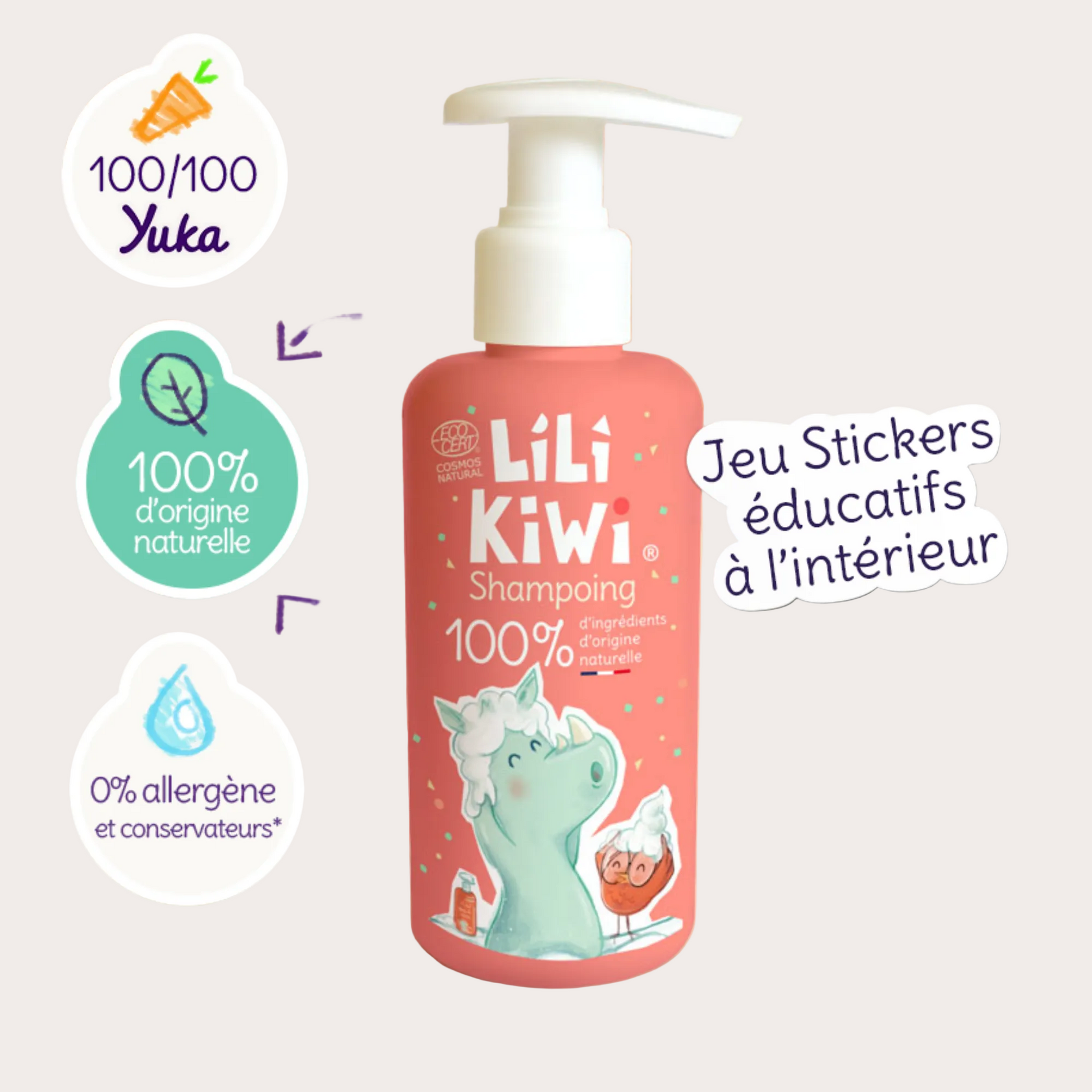 Shampoing doux BIO Lili Kiwi pour enfant avec jeu de stickers sous l'étiquette - Skovlia