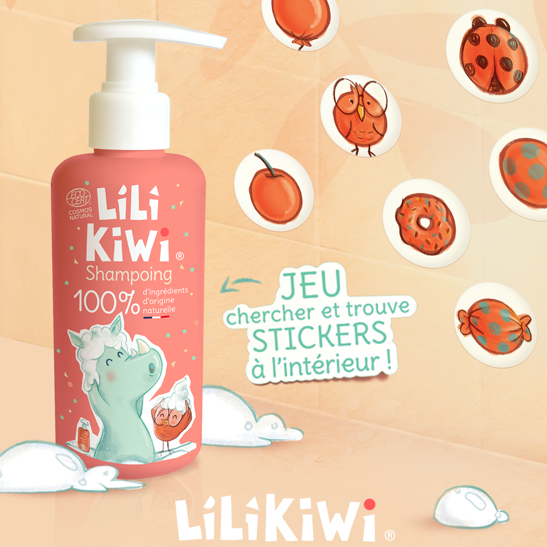 Shampoing doux BIO Lili Kiwi pour enfant avec jeu de stickers sous l'étiquette - Skovlia