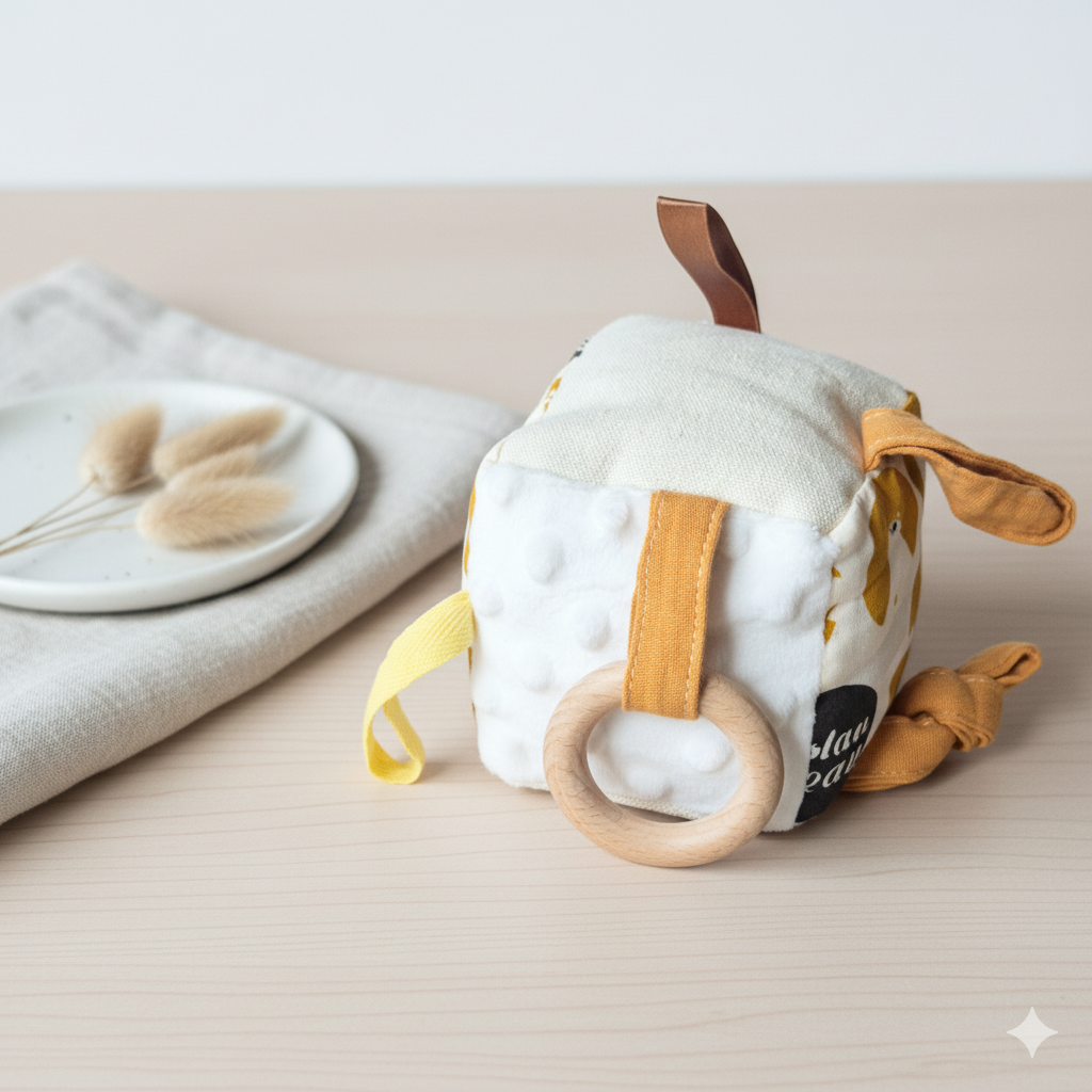 Cube d'activité sensoriel en peluche douce pour bébé Rammelaartje