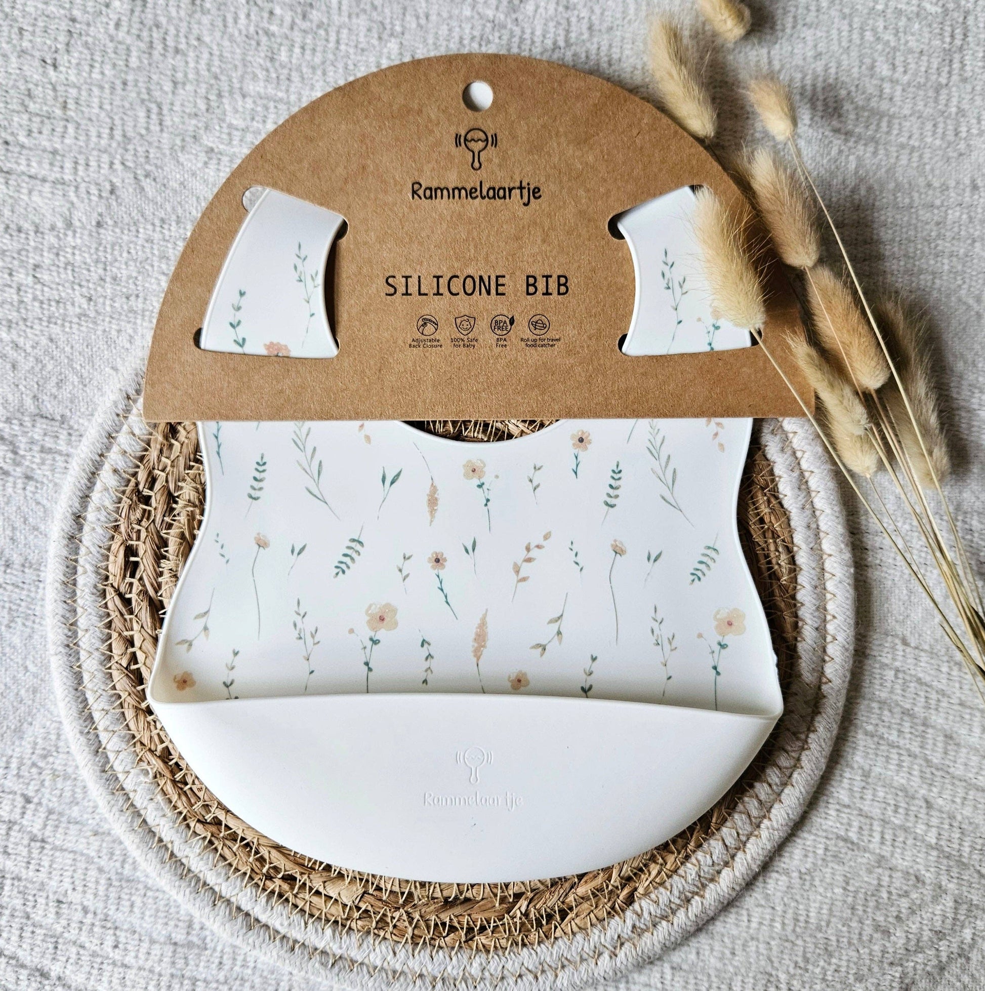 Bavoir en silicone blanc avec collecteur motif fleurs sauvages printemps - Rammelartje