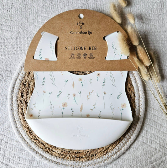 Bavoir en silicone blanc avec collecteur motif fleurs sauvages printemps - Rammelartje