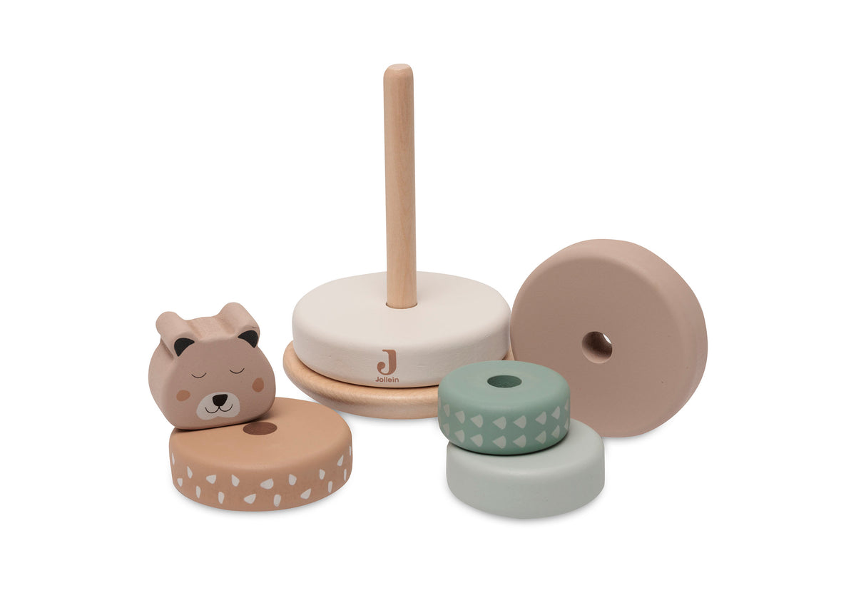 Anneaux en bois naturel et tete d ours pour jeu de motricite Jollein