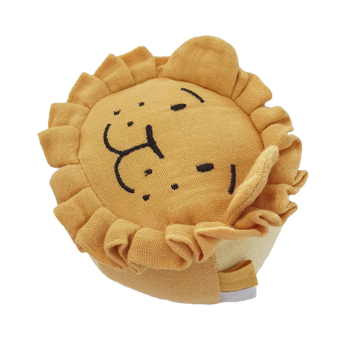 Balle hochet lion ocre pour la motricite libre et la prehension de bebe