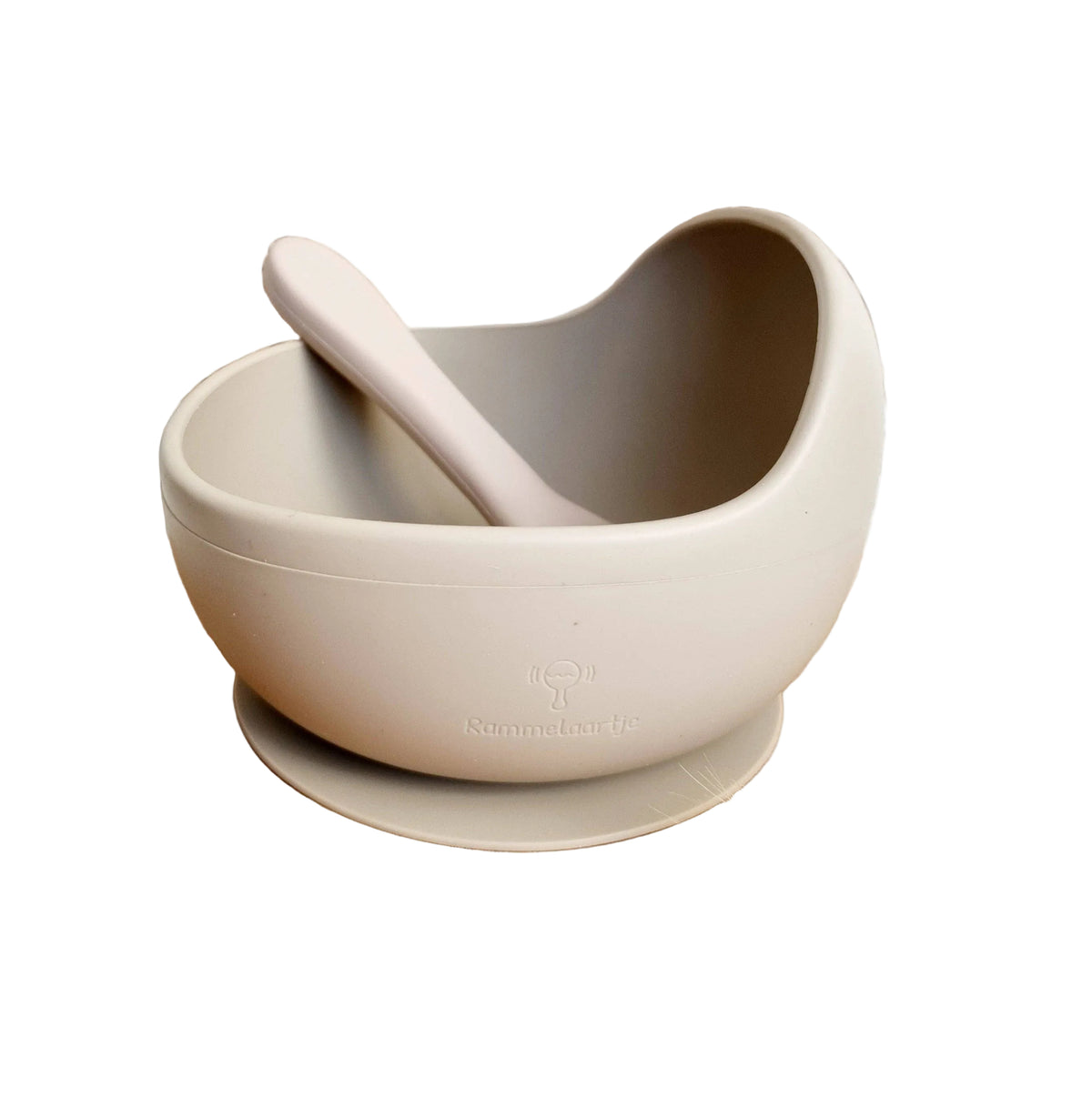 Bol silicone incurve ventouse avec cuillere couleur sable Rammelaartje