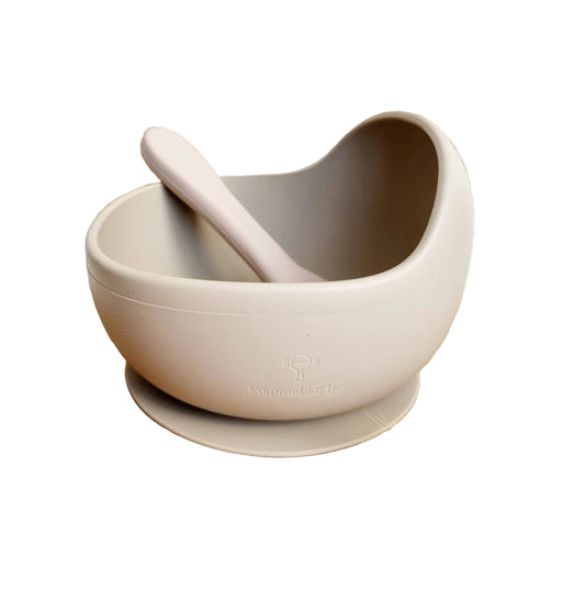 Bol silicone incurve ventouse avec cuillere couleur sable Rammelaartje