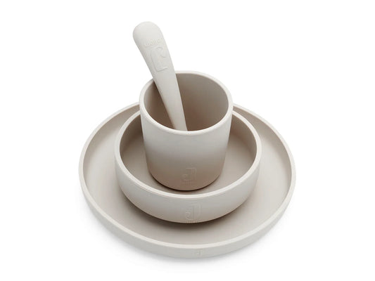 Coffret repas 4 pieces en silicone nougat avec assiette a ventouse Jollein   