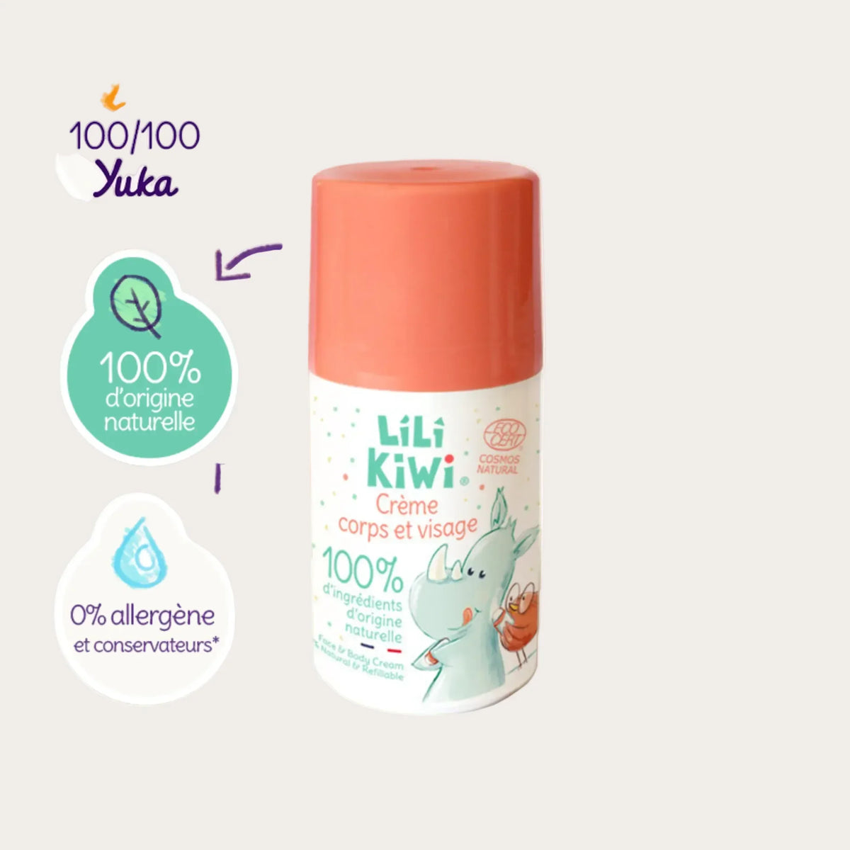 Creme corps et visage BIO roll-on Lilikiwi flacon 50ml note 100-100 Yuka