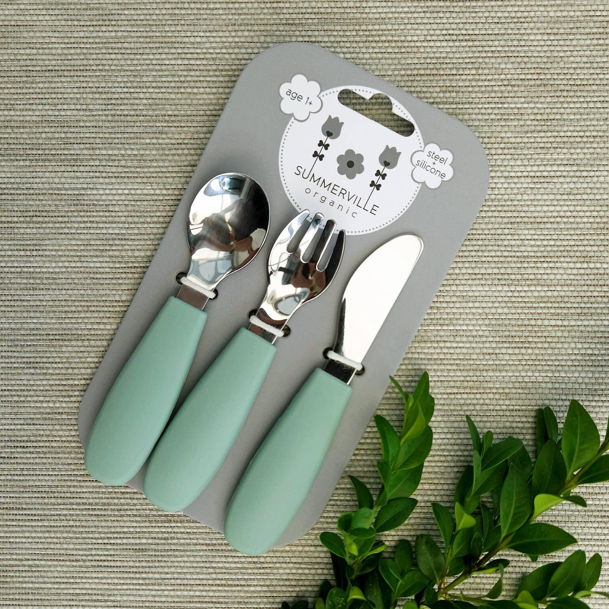 Set de couverts enfants en inox et silicone - couleur Vert Camée - dès 12 mois - Summerville Organic