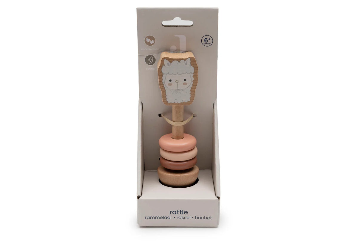 Emballage et packaging du hochet en bois certifie FSC alpaga paco Jollein