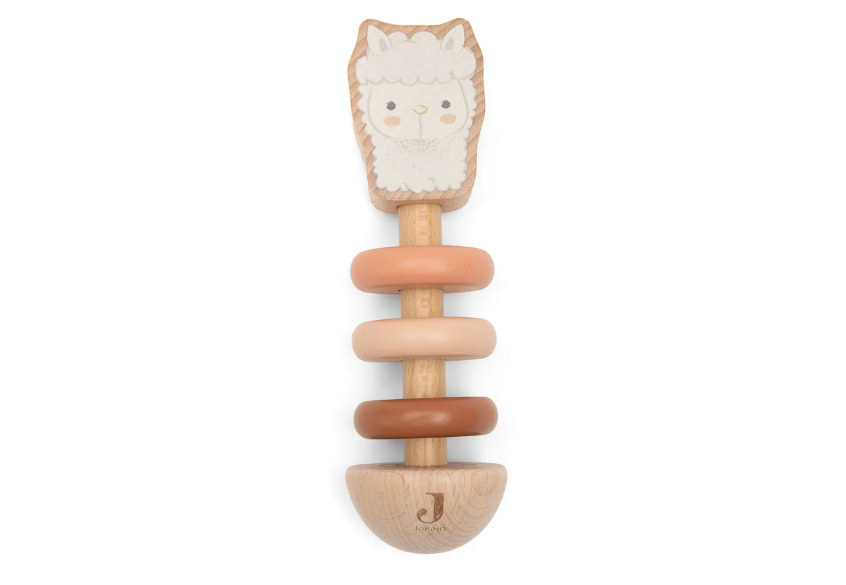 Hochet premier age en bois FSC forme alpaga paco avec anneaux Jollein