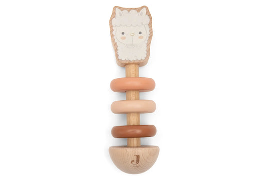 Hochet premier age en bois FSC forme alpaga paco avec anneaux Jollein