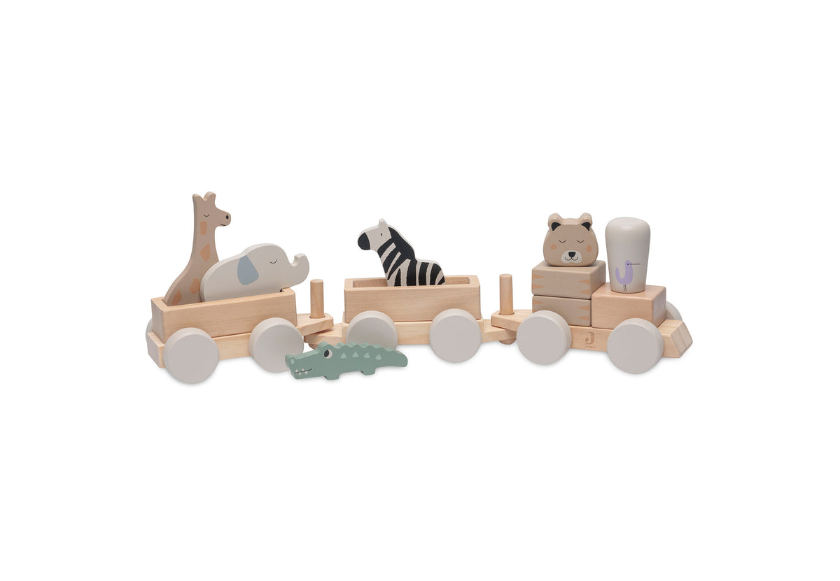 Petit train en bois FSC Jungle Jambo avec blocs animaux a empiler Jollein