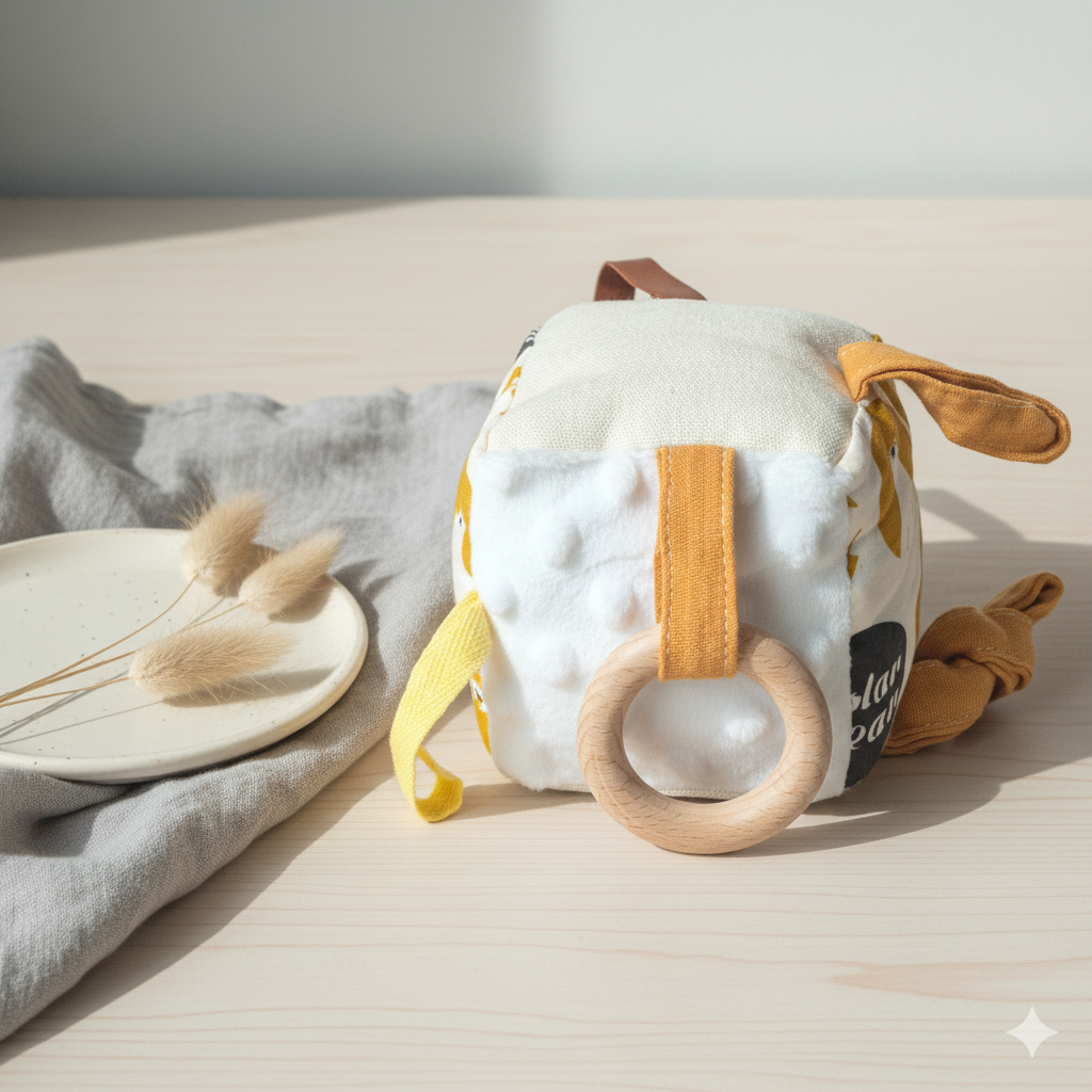 Cube d'activité sensoriel en peluche douce pour bébé Rammelaartje