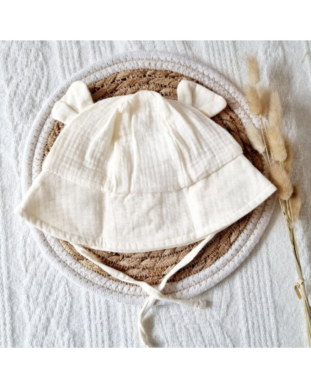chapeau bébé mousseline de coton beige jaune