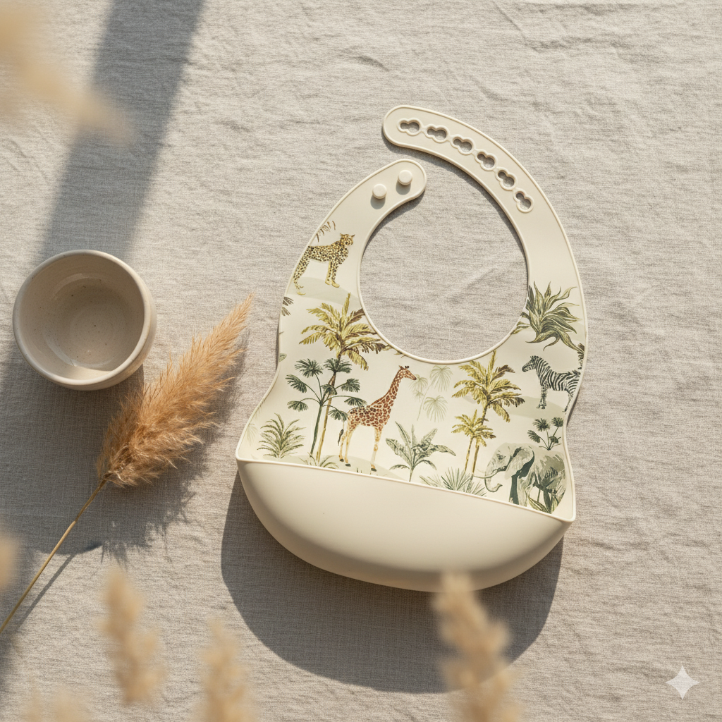 Bavoir en silicone avec récupérateur motif Jungle - Rammelaartje