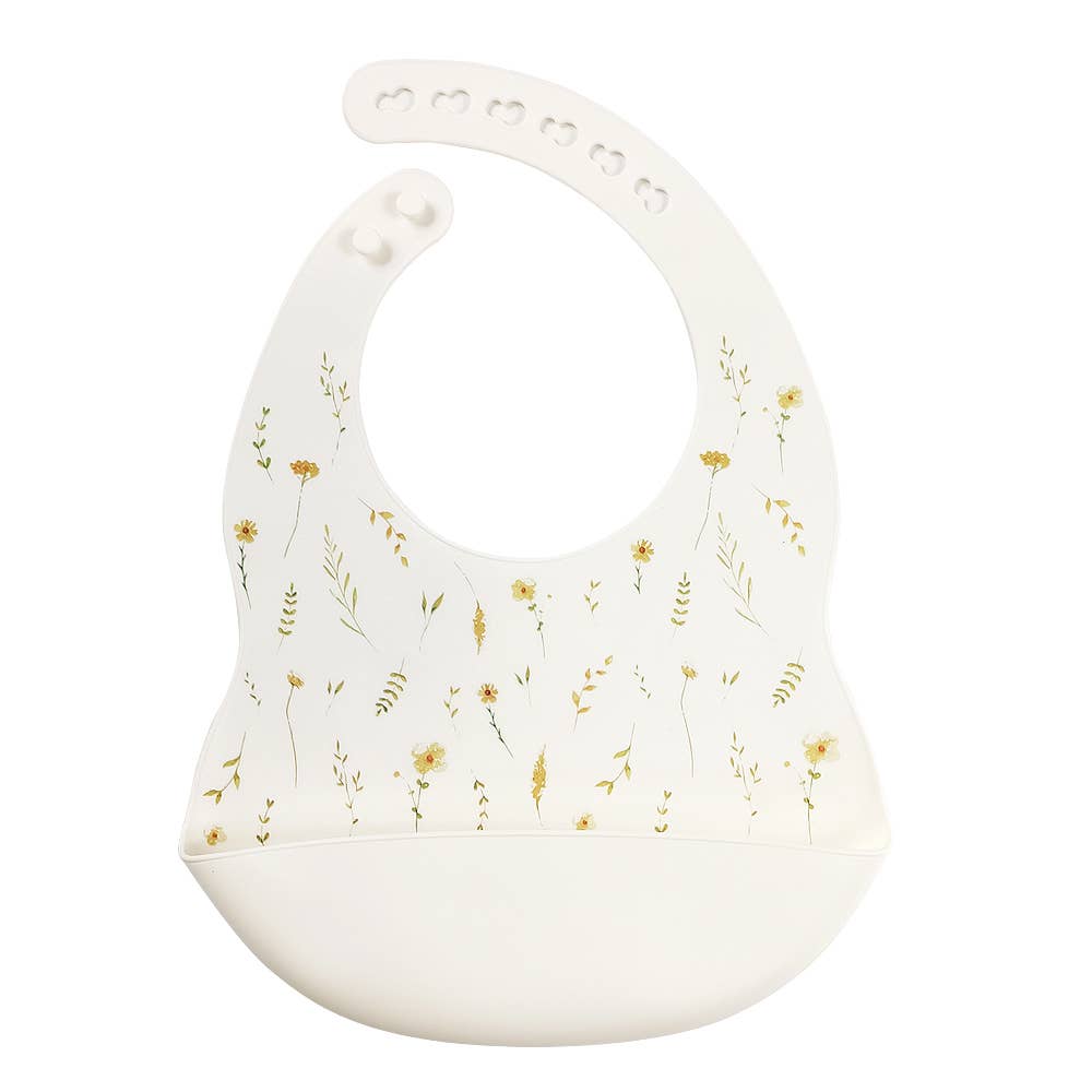 Bavoir en silicone blanc avec collecteur motif fleurs sauvages printemps - Rammelartje