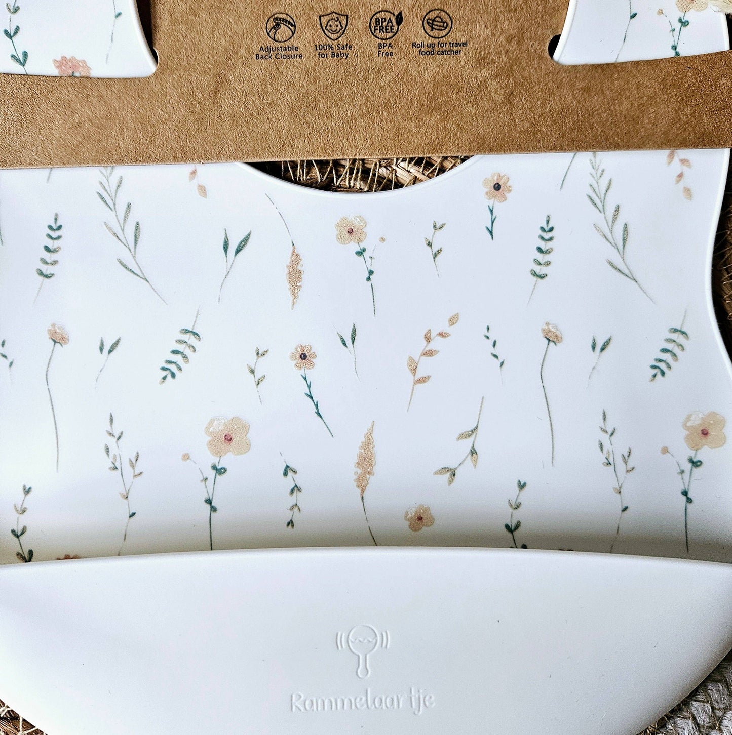 Bavoir en silicone blanc avec collecteur motif fleurs sauvages printemps - Rammelartje
