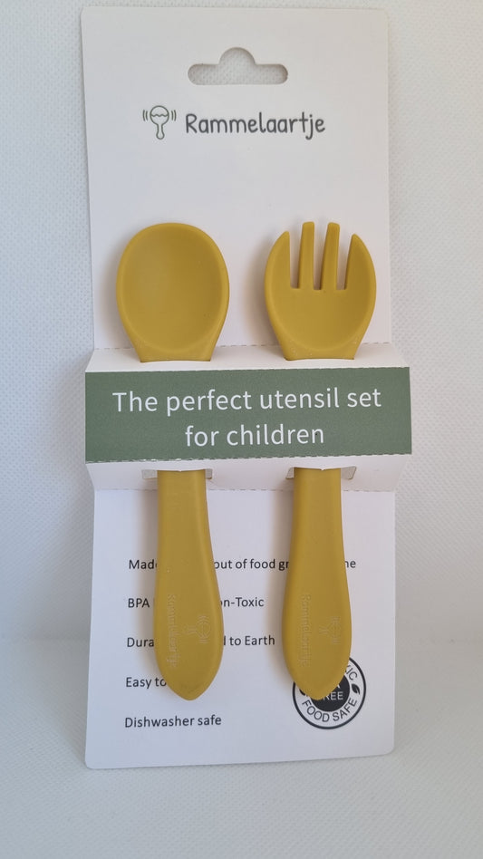 Set de couverts d'apprentissage en silicone - couleur ocre - dès 4 mois- Rammelaartje